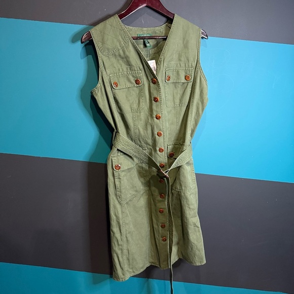NWT Ralph Lauren Green Tie Front Sleeveless Midi Dress size 12 linen cotton - Picture 1 of 12